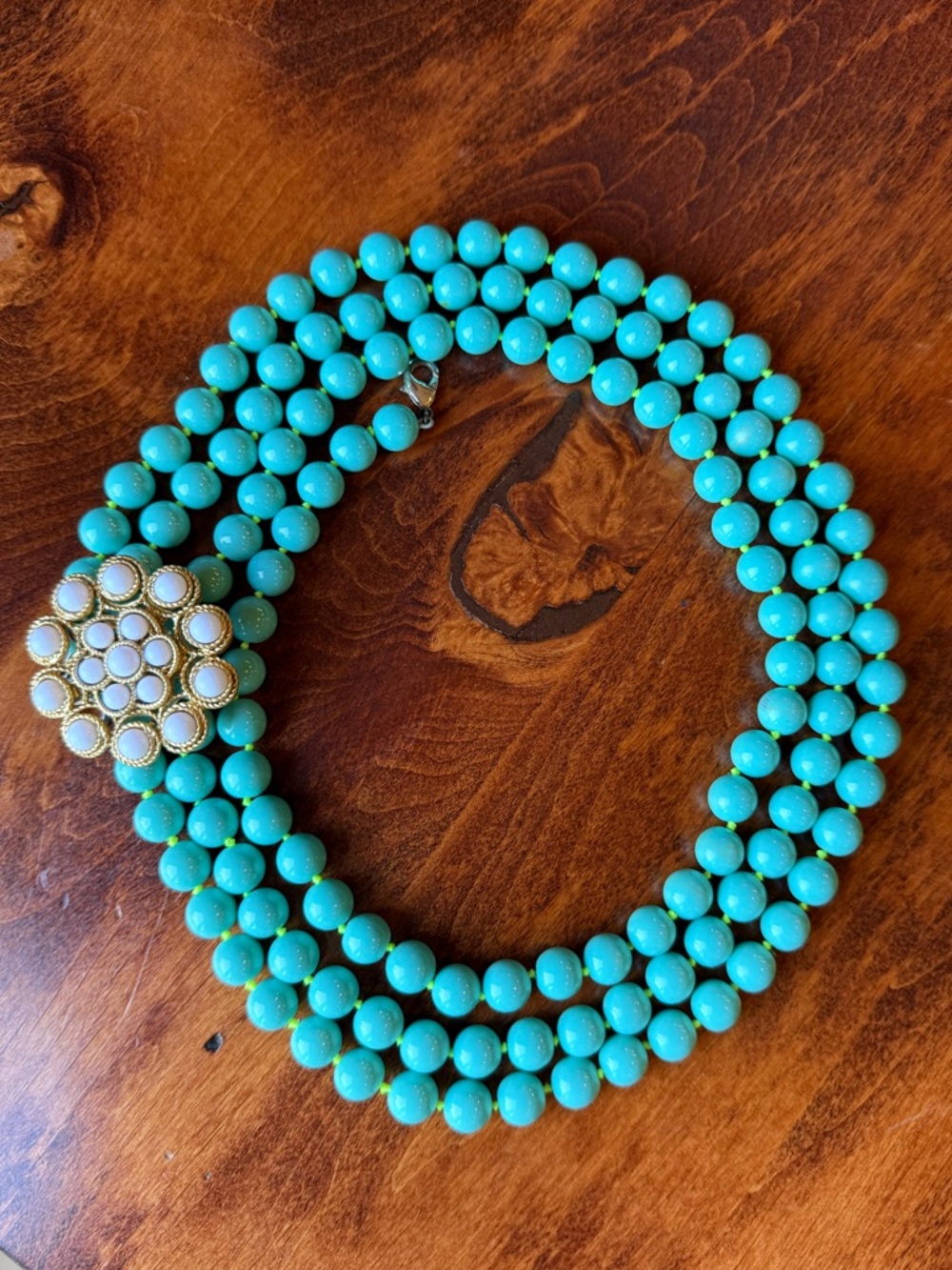 Stella & Dot Turquoise Triple-Strand Beaded Necklace with Gold Floral Clasp